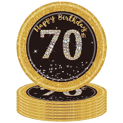 POPOYU 16 Stück 70. Geburtstag Pappteller Schwarz Gold,7 Zoll 23cm Happy 70th Birthday Schwarz-goldene Pappteller Einweg Deko 70. Geburtstag Partygeschirr für Männer Frauen Party Dekoration von POPOYU