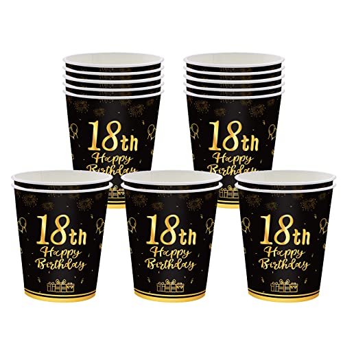 16 Stücke Pappbecher 18. Geburtstag,Einwegbecher Geburtstag,Schwarz und Gold Papierbecher 235ml,Papptrinkbecher für Party Geburtstag,Happy 18th Birthday Trinkbecher Papier Set für 18. Geburtstag Party von POPOYU