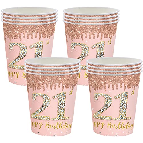 16 Stücke Pappbecher 21. Geburtstag,Einwegbecher Geburtstag,Rosé und Gold Papierbecher 235ml,Papptrinkbecher für Party Geburtstag,Happy 21st Birthday Trinkbecher Papier Set für 21. Geburtstag Party von POPOYU