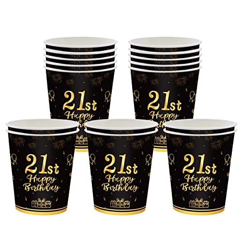 16 Stücke Pappbecher 21. Geburtstag,Einwegbecher Geburtstag,Schwarz und Gold Papierbecher 235ml,Papptrinkbecher für Party Geburtstag,Happy 21st Birthday Trinkbecher Papier Set für 21. Geburtstag Party von POPOYU