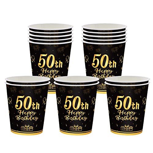 16 Stücke Pappbecher 50. Geburtstag,Einwegbecher Geburtstag,Schwarz und Gold Papierbecher 235ml,Papptrinkbecher für Party Geburtstag,Happy 50th Birthday Trinkbecher Papier Set für 50. Geburtstag Party von POPOYU