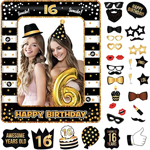 16.Geburtstag Deko Jungs Mädchen,Schwarzes Gold 16.Geburtstag Aufblasbarer Bilderrahmen & 33 Stück Foto Requisiten Party Foto Booth Props Fotobox Accessoires Geschenke für 16 Geburtstags Party Zubehör von POPOYU