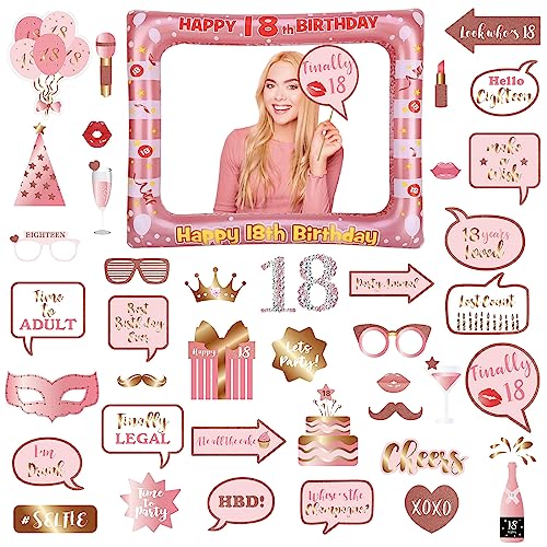 18.Geburtstag Deko Jungs Mädchen,Roségold 18.Geburtstag Aufblasbarer Bilderrahmen & 40 Stück Foto Requisiten Party Foto Booth Props Fotobox Accessoires Geschenke für 18 Geburtstags Party Zubehör von POPOYU