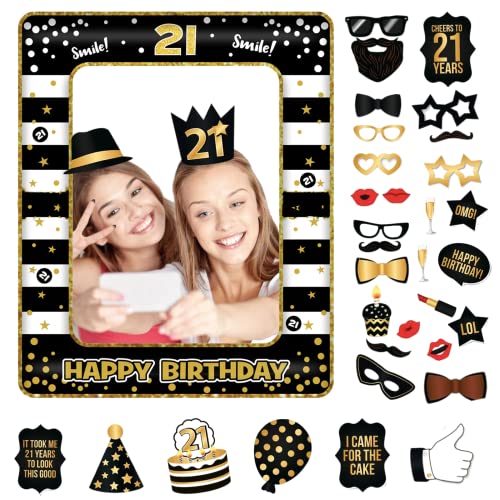 21.Geburtstag Deko Jungs Mädchen,Schwarzes Gold 21.Geburtstag Aufblasbarer Bilderrahmen & 33 Stück Foto Requisiten Party Foto Booth Props Fotobox Accessoires Geschenke für 21 Geburtstags Party Zubehör von POPOYU