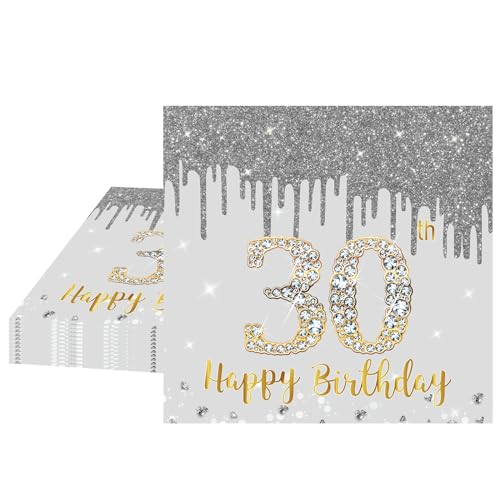 30 Geburtstag Servietten Party Deco für 30th Birthday, 20P Silber Gold 30. Geburtstag mit Goldschrift, 33X33 cm Silbergold Geburtstagsbesteck Papierservietten für Event, Geburtstagparty, Jubiläum 30 Geburtstag Servietten Party Deco für 30th Birthday, 20P Silber Gold 30. Geburtstag mit Goldschrift, 33X33 cm Silbergold Geburtstagsbesteck Papierservietten für Event, Geburtstagparty, Jubiläum von POPOYU