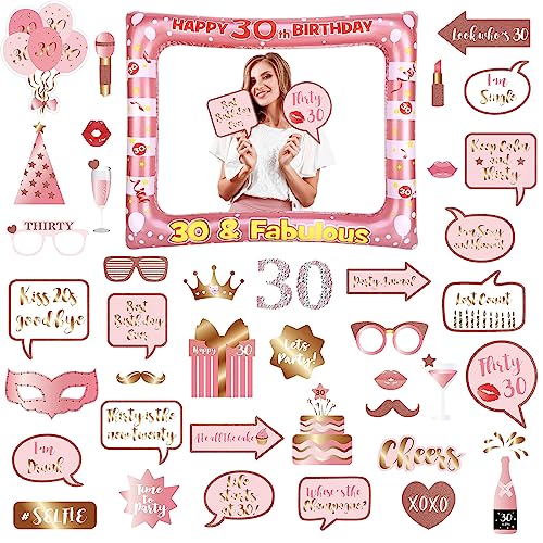 30.Geburtstag Deko Jungs Mädchen,Roségold 30.Geburtstag Aufblasbarer Bilderrahmen & 40 Stück Foto Requisiten Party Foto Booth Props Fotobox Accessoires Geschenke für 30 Geburtstags Party Zubehör von POPOYU