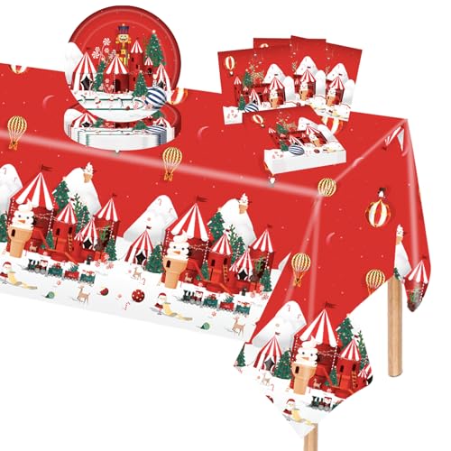 POPOYU Weihnachtspapier Partygeschirr Dekoration,37 Stück Pappteller Weihnachten Geschirr Servietten Tischdeko Rot,Weihnachtspapier Papier Partygeschirr Set für 16 Gäste Weihnachten Dekoration von POPOYU