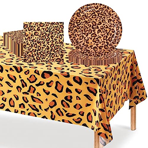 37 Stück Leoparddruck Einweg Geschirrset,Tierdruck Party Pappteller 22,9 cm Servietten Tischdecke Dschungel Safari Partygeschirr Set für Babyparty Geburtstag Party Tier Thema PartyZubehör von POPOYU