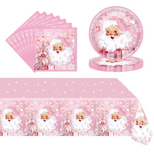 37 Stück Weihnachten Partygeschirr Set,Weihnachtsparty-Tischdecke,Pappteller,Servietten-Set,Party-Dekoration,Rosa Weihnachts Gitter Partygeschirr für Weihnachts Party Tischdeko Silvester Neujahrsparty von POPOYU