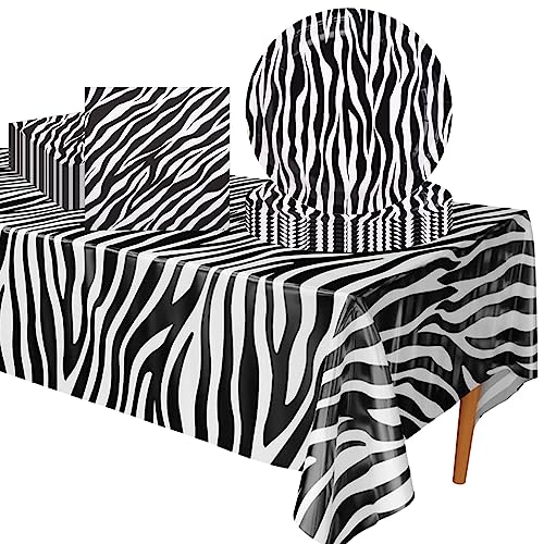 37 Stück Zebradruck Einweg Geschirrset,Tierdruck Party Pappteller 22,9 cm Servietten Tischdecke Dschungel Safari Partygeschirr Set für Babyparty Geburtstag Party Tier Thema PartyZubehör von POPOYU