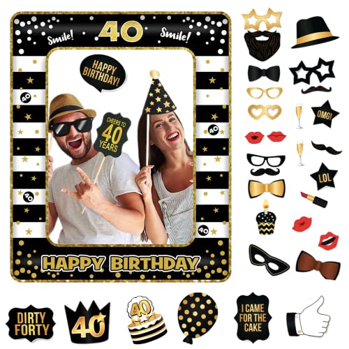 40.Geburtstag Deko Männer Frauen,Schwarzes Gold 40.Geburtstag Aufblasbarer Bilderrahmen & 33 Stück Foto Requisiten Party Foto Booth Props Fotobox Accessoires Geschenke für 40 Geburtstags Party Zubehör von POPOYU