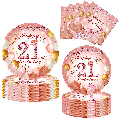 52 Stück Partygeschirr 21. Geburtstag Dekoration Roségold,Pappteller Servietten 21.Geburtstag,Deko 21 Geburtstag Roségold Mit Teller Servietten für Sie Mädchen Frauen 21 Geburtstag Party Dekorationen von POPOYU