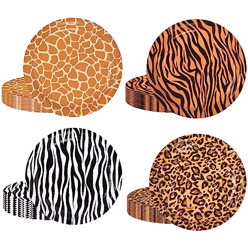 64 Stück 22,9 cm Safari Tierdruck Dessert Pappteller,LeopardDruck ZebraDruck TigerDruck GiraffeDruck Einwegteller Zoo Tierdruck Party Pappteller für Babyparty Tier-Themen-Geburtstagsfeiern Dekoration von POPOYU