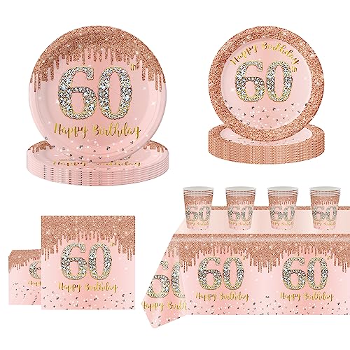 69 Stück Partygeschirr 60. Geburtstag,Servietten 60 Geburtstag,Roségold 60. Geburtstag Frauen Tischdeko Set mit Pappbecher Pappteller Servietten Tischdecke für Frauen Geburtstagsfeier Dekor (16 Gäste) von POPOYU