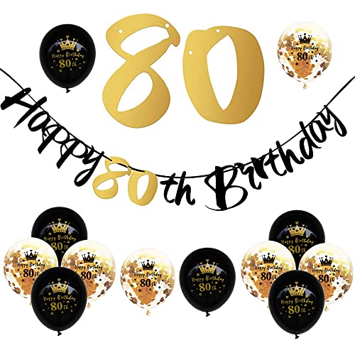80th Deko Geburtstag,Banner Happy Birthday Girlande mit 12 Latexballons,6 Schwarzes Latexballons + 6 Gold Konfetti Latexballons Geburtstag Dekoration Set für Mann und Frau 80th Geburtstag Party von POPOYU