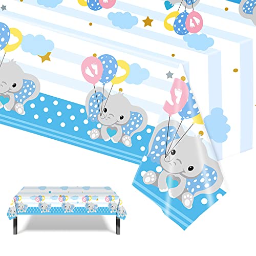 POPOYU 54 x 108 Zoll Blaue Babyparty Tischdecke,Willkommen Baby Jungen Tischdecke,Baby Shower Boy Tischdecken,Blue Elefanten Kunststoff Rechteckige Tischdecken für Geschlechtsoffenbarungsfeier von POPOYU