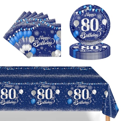 POPOYU 80. Geburtstag Partygeschirr Set,37 Stück Pappteller 9 Zoll Servietten Tischdecke 80. Geburtstag Frau,Blau Silber Geburtstagsdeko für 80. Geburtstag Frauen Männer Party Dekoration Partyzubehör von POPOYU