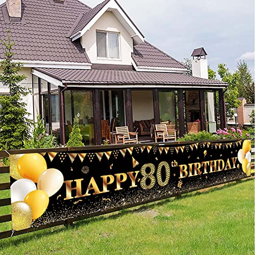 Happy 80th Birthday Banner,Party Backdrop 80 Geburtstag Männer Banner,Deko 80. Geburtstag Schwarz Gold,Große Schwarze Gold Glitter Zeichen Banner Cheer to 80 Jahre und Hintergrund Banner von POPOYU