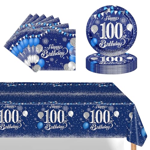 POPOYU 100. Geburtstag Partygeschirr Set,37 Stück Pappteller 9 Zoll Servietten Tischdecke 100. Geburtstag Frau,Blau Silber Geburtstagsdeko für 100. Geburtstag Frauen Männer Party Deko Partyzubehör von POPOYU