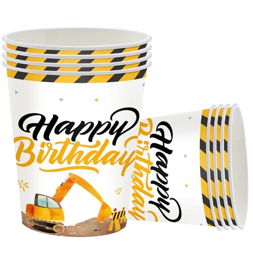 POPOYU 16 Stück Baustelle Pappbecher Geburtstagsdeko Set, Geburtstag Party Geschirr, Bagger Pappbecher Set, Kindergeburtstag Set mit Geschirr Set für Kindergeburtstag Party von POPOYU