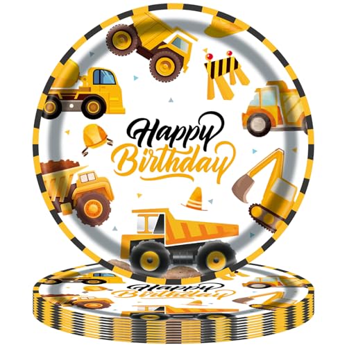 POPOYU 16 Stück Baustelle Pappteller Geburtstagsdeko Set, Geburtstag Party Geschirr, Bagger Partygeschirr Set, Kindergeburtstag Set mit 9 Zoll Pappteller Geschirr Set für Kindergeburtstag von POPOYU