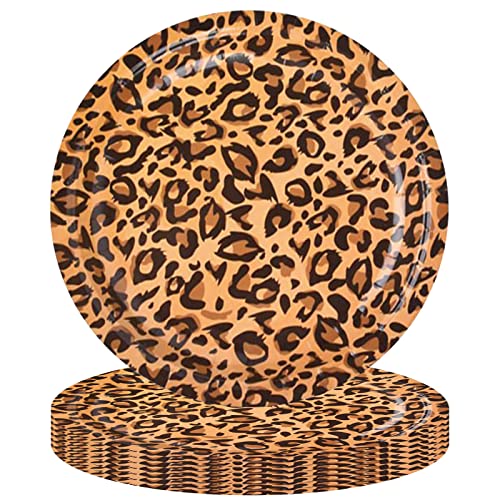 POPOYU 22,86 cm Leopard-Druck Party Teller 16 Stück Dschungel Tier Druck Pappteller für Babyparty Leopard Runde Pappteller Dinner Dessertteller für Dschungel Safari Geburtstag Party Dekorationen von POPOYU