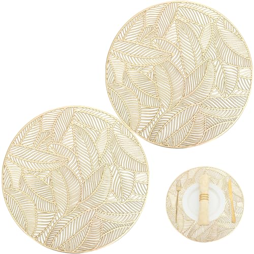 POPOYU 2er Set Platzdeckchen Gold Tischset PVC Ausgehöhlte Platzset Metallische Runde Tischsets, Waschbar Hitzebeständig Rutschfester Platz-Mattenc für Weihnachten Hochzeit Party von POPOYU