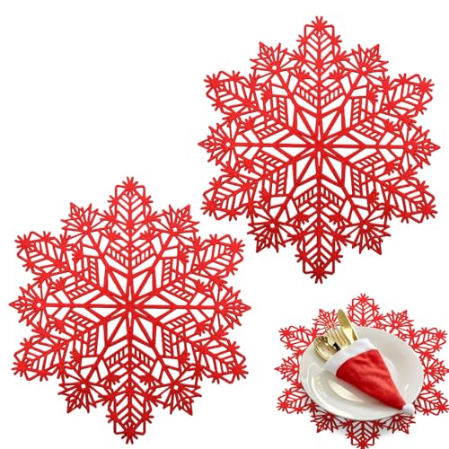 POPOYU 2er Set Platzdeckchen Rot Tischset PVC Ausgehöhlte Platzset Metallische Schneeflocke Tischsets, Waschbar Hitzebeständig Rutschfester Platz-Mattenc für Weihnachten Hochzeit Party von POPOYU