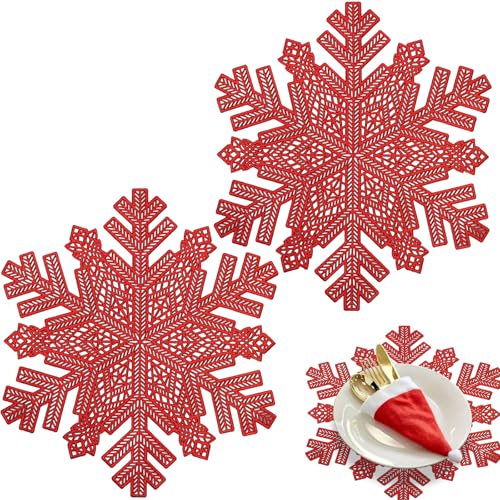 POPOYU 2er Set Platzdeckchen Rot Tischset PVC Ausgehöhlte Platzset Metallische Schneeflocke Tischsets, Waschbar Hitzebeständig Rutschfester Platz-Mattenc für Weihnachten Hochzeit Party von POPOYU