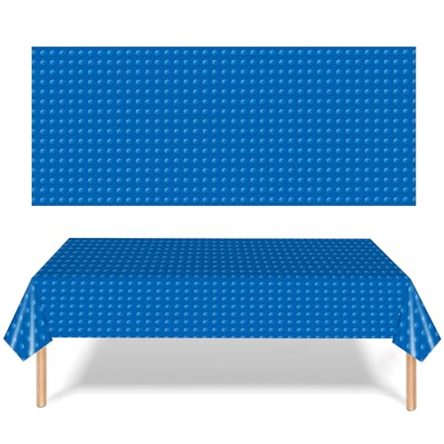 POPOYU Blau Bausteine Tischdecke Partyzubehör Geburtstagstischdecke, 137 x 274 cm Tischdecke Rechteckige Block Geburtstagstischdecke aus Kunststoff Mehrfarbige Spielzeugsteine für Blue-Tablecloth von POPOYU