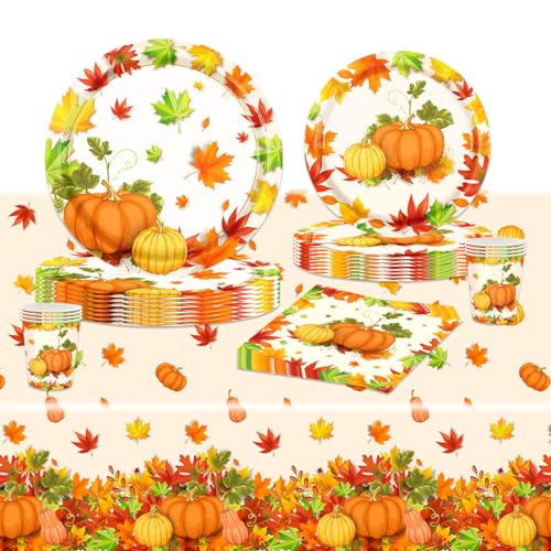 POPOYU Herbst Kürbis Papier Partygeschirr Set,69-teilig Herbst Tischdecke Pappteller Servietten und Becher,Herbst Geschirr Tischdeko für Herbst Thanksgiving Party Dekoration Partyzubehör(16 Gäste) von POPOYU