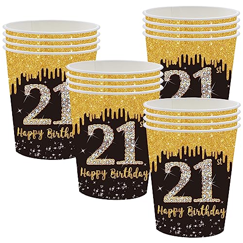 POPOYU Schwarz-goldene Pappbecher zum 21. Geburtstag, Partyzubehör, Einweg-Geschirr-Set, schwarz-goldene Einweg-Pappbecher für alle Anlässe (16 Stück) von POPOYU
