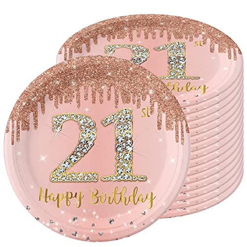 Pappteller 21 Geburtstag,16 Stück Einwegteller Geburtstag,23cm Pappteller Einweg für Junge mädchen,Rosé und Gold Pappteller für Party Geburtstag,Happy 21st Birthday Einwegteller für 21. Geburtstag von POPOYU