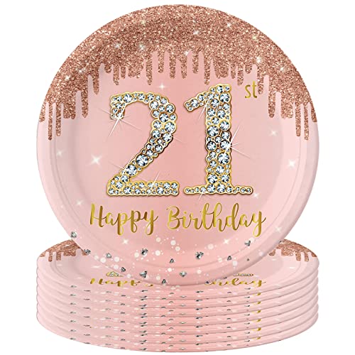 Pappteller 21. Geburtstag,16 Stück Pappteller zum 21 Geburtstag Frauen,23cm Rosé Gold Happy 21st Birthday Einwegteller Pappteller 9 Zoll für Party Dekoration 21 Geburtstag Frauen,Jubiläum Partyzubehör von POPOYU