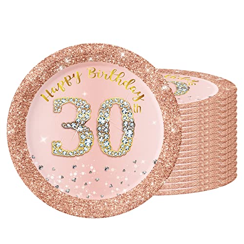 Pappteller 30 Geburtstag,16 Stück Einwegteller Geburtstag,18cm Pappteller Einweg für Junge mädchen,Rosé und Gold Pappteller für Party Geburtstag,Happy 30th Birthday Einwegteller für 30. Geburtstag von POPOYU