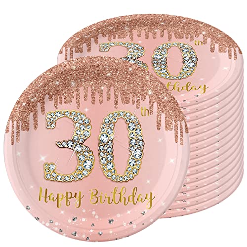 Pappteller 30 Geburtstag,16 Stück Einwegteller Geburtstag,23cm Pappteller Einweg für Junge mädchen,Rosé und Gold Pappteller für Party Geburtstag,Happy 30th Birthday Einwegteller für 30. Geburtstag von POPOYU