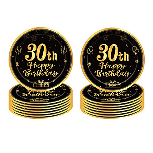 Pappteller 30 Geburtstag,16 Stück Einwegteller Geburtstag,23cm Pappteller Einweg für Junge mädchen,Schwarz und Gold Pappteller für Party Geburtstag,Happy 30th Birthday Einwegteller für 30. Geburtstag von POPOYU