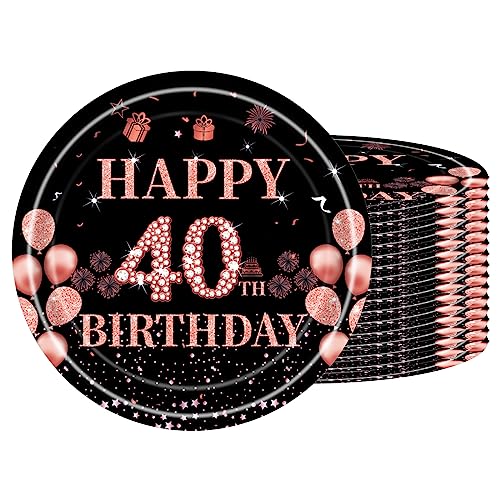 Pappteller 40 Geburtstag,16 Stück Einwegteller Geburtstag,18cm Pappteller Einweg für Junge mädchen,Schwarz Rosé Gold Pappteller für Party Geburtstag,Happy 40th Birthday Einwegteller für 40. Geburtstag von POPOYU