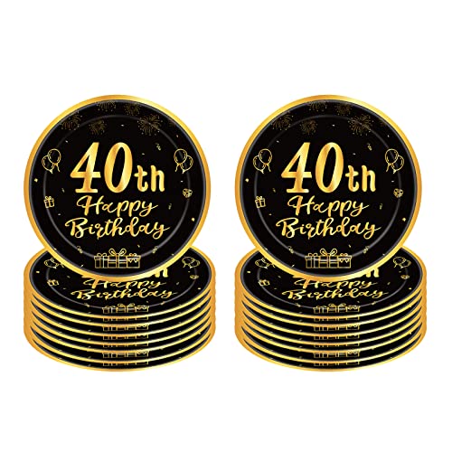 Pappteller 40 Geburtstag,16 Stück Einwegteller Geburtstag,23cm Pappteller Einweg für Junge mädchen,Schwarz und Gold Pappteller für Party Geburtstag,Happy 40th Birthday Einwegteller für 40. Geburtstag von POPOYU