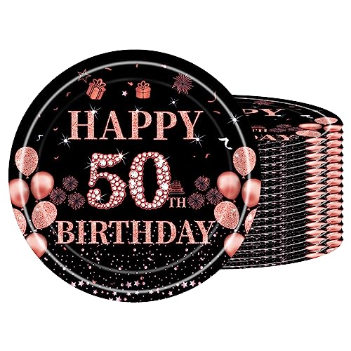 Pappteller 50 Geburtstag,16 Stück Einwegteller Geburtstag,18cm Pappteller Einweg für Junge mädchen,Schwarz Rosé Gold Pappteller für Party Geburtstag,Happy 50th Birthday Einwegteller für 50. Geburtstag von POPOYU