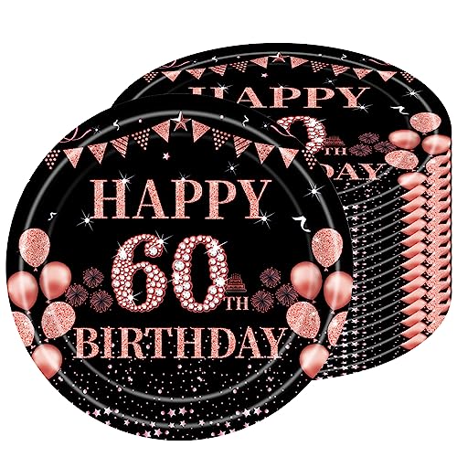 Pappteller 60 Geburtstag,16 Stück Einwegteller Geburtstag,23cm Pappteller Einweg für Junge mädchen,Schwarz Rosé Gold Pappteller für Party Geburtstag,Happy 60th Birthday Einwegteller für 60. Geburtstag von POPOYU