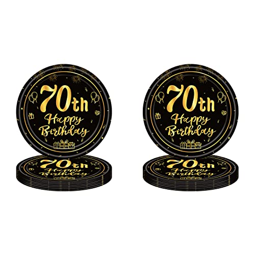 Pappteller 70 Geburtstag,16 Stück Einwegteller Geburtstag,18cm Pappteller Einweg für Junge mädchen,Schwarz und Gold Pappteller für Party Geburtstag,Happy 70th Birthday Einwegteller für 70. Geburtstag von POPOYU