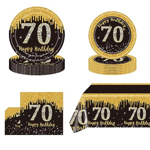 Partyzubehör zum 70. Geburtstag in Schwarz und Gold, Einweg-Geschirrset, schwarzgoldene Pappteller, Servietten, Becher, Tischdecke, Einweggeschirr-Set für Partydekorationen zum 70. Geburtstag von POPOYU