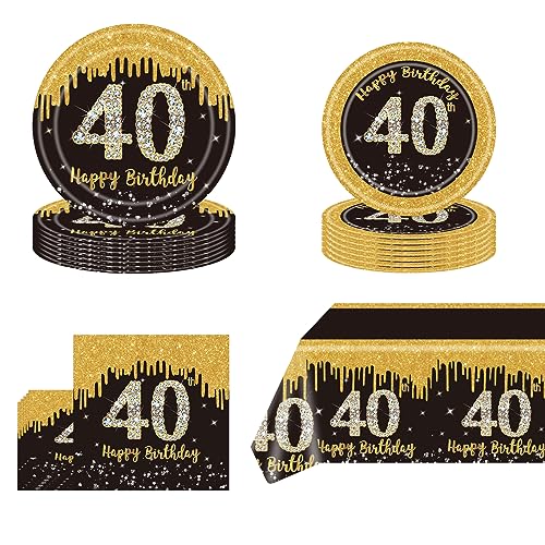 Schwarz-goldenes Partyzubehör zum 40. Geburtstag, Einweg-Geschirrset, schwarzgoldene Pappteller, Servietten, Becher, Tischdecke, Einweggeschirr-Set für Partydekorationen zum 40. Geburtstag von POPOYU