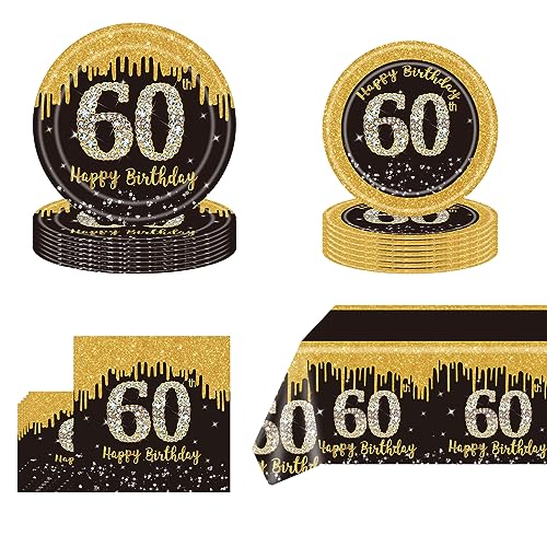 Schwarz-goldenes Partyzubehör zum 60. Geburtstag, Einweggeschirr-Set, schwarzgoldene Pappteller, Servietten, Becher, Tischdecke, Einweggeschirr-Set für Partydekorationen zum 60. Geburtstag von POPOYU