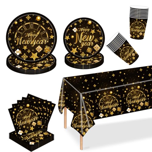 Weihnachtstischdecke Party Tischdecken,69PCS Weihnachten Papiergeschirr Set New Year Party Geschirr Set für 16 Gäste,Schwarzes Gold Weihnachten Geschirr Set,Weihnachten von POPOYU