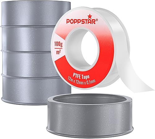 POPPSTAR PTFE-Dichtband 100g/m² - Teflon-Rohrdichtband GRp für Grobgewinde (Gas, Wasser & Dampf-Abdichtung) 12m x 12mm x 0,1mm, 5 Rollen von POPPSTAR