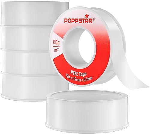 POPPSTAR PTFE-Dichtband 60g/m² - Teflonband Gewindedichtband FRp für Feingewinde (Gas & Wasser-Abdichtung) 12m x 12mm x 0,1mm, 5 Rollen von POPPSTAR