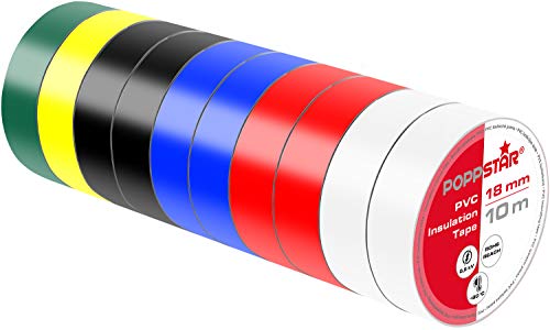 POPPSTAR PVC Isolierband 10m (18mm breit, 0,18mm stark, 2x weiß, rot, blau, schwarz / 1x gelb, grün), 10 Rollen von POPPSTAR