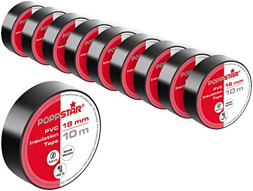POPPSTAR 10x 10m Universal Isolierband, PVC Dichtband und Klebeband (Dichtungsband zur Isolation - Reparatur von elektrischen Leitern) (Band 18mm breit), schwarz von POPPSTAR